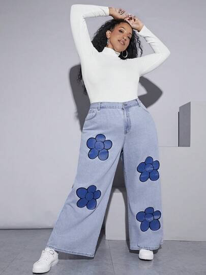 SHEIN CURVE+ Plus Floral Print Wide Leg Jeans