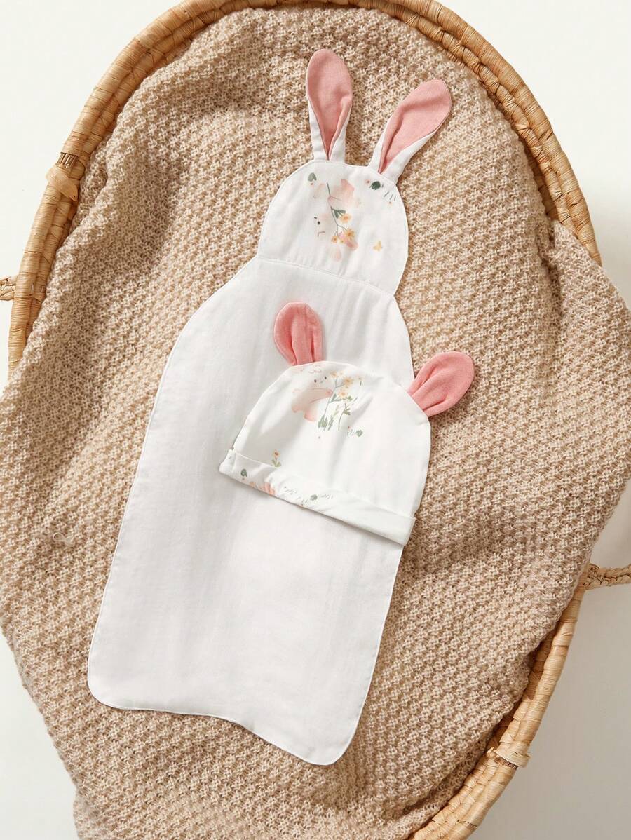 Cozy Pixies 1入組卡通兔子&花圖案設計帽+1入組吸水毛巾 - 彩色 - 查看 1