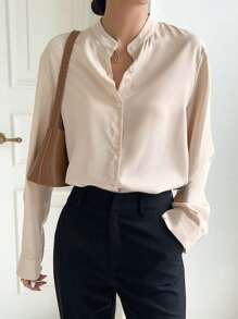DAZY Blusa de botones unicolor, blusas de manga larga - Albaricoque - Ver 6
