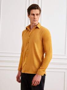 RueChic 男士素色前紐扣襯衫式夾克 - 芥末黃 - 查看 1