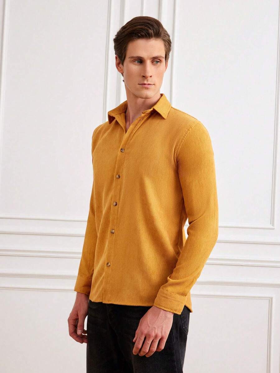 RueChic 男士素色前紐扣襯衫式夾克 - 芥末黃 - 查看 1