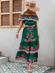 SHEIN VCAY In hoa Off Shoulder Viền Ruffle Áo và Váy - màu xanh lá - Xem 1