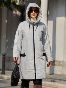 Astrid Plus Size Zip Up Drawstring Hooded Padded Coat - Beige - View 1