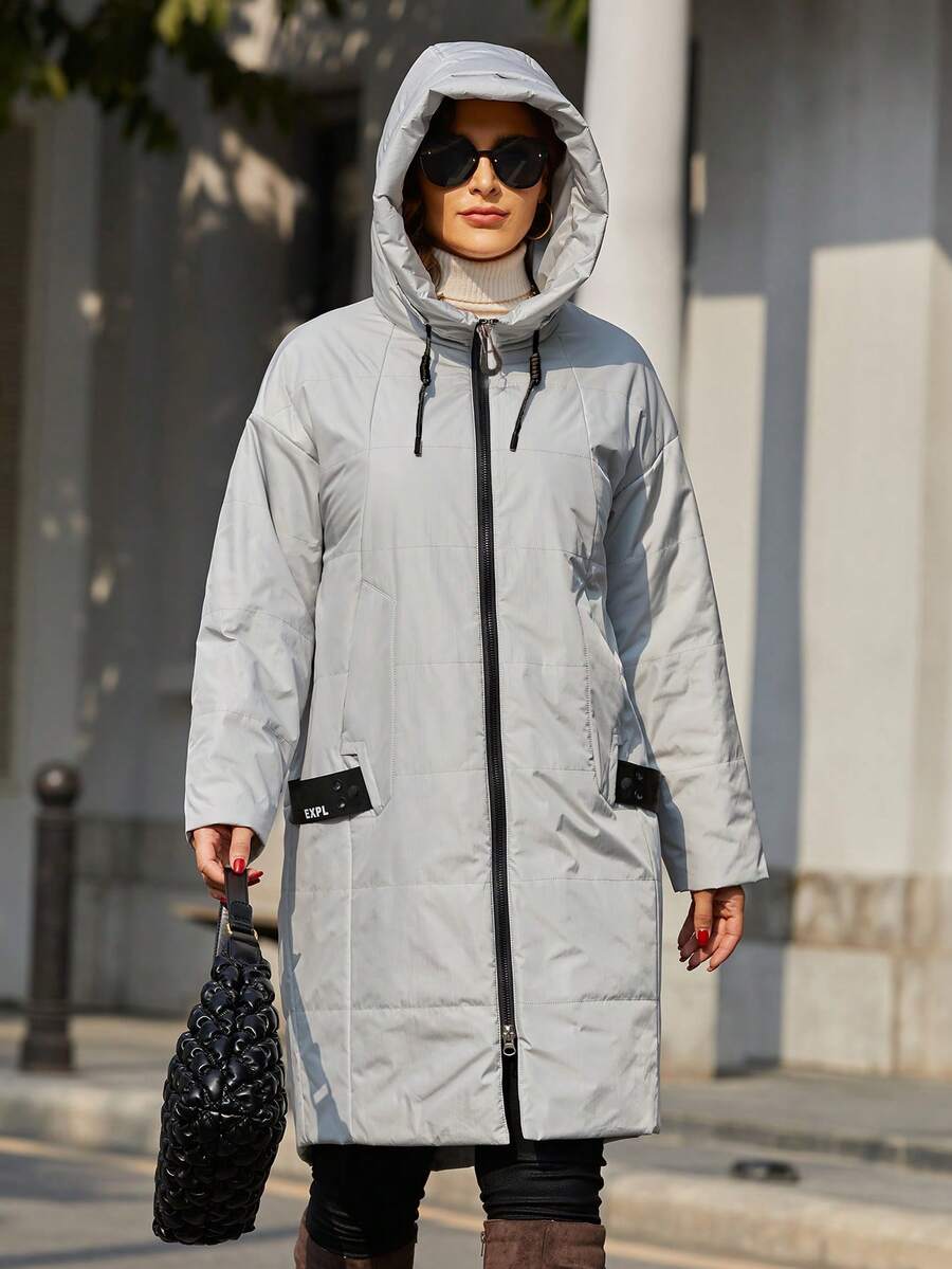 Astrid Plus Size Zip Up Drawstring Hooded Padded Coat - Beige - View 1