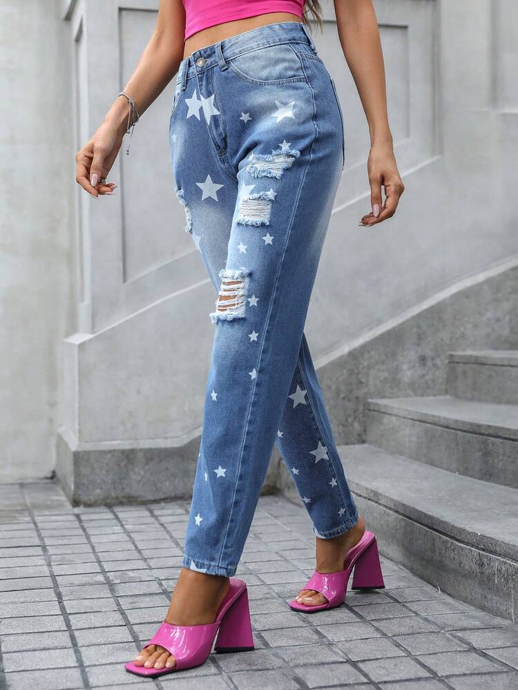 High Waist Star Print Ripped Mom Fit Jeans