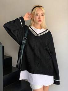 DAZY Striped Trim Drop Shoulder Cable Knit Sweater Without Tee - Black - View 3