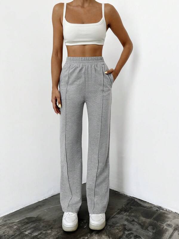 SHEIN Cottnline Cotton Solid Slant Pocket Elastic Waist Sweatpants