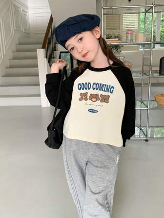 zosee Pulover cu mânecă raglan cu scrisoare pentru fetiță și desene animate