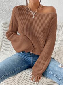 SHEIN Essnce Solid Ribbed Knit Sweater - Brown - View 4
