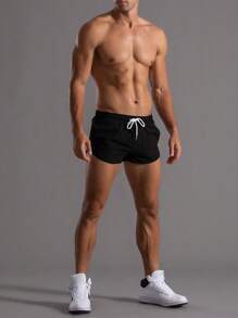 Coreblaze Boyfriend Style Men Drawstring Waist Sports Gym Black Shorts, Lightweight - Black - View 4