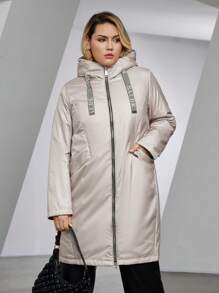 Astrid Plus Size Zip Up Tape Chi tiết Áo khoác có mũ trùm đầu - Màu be - Xem 1