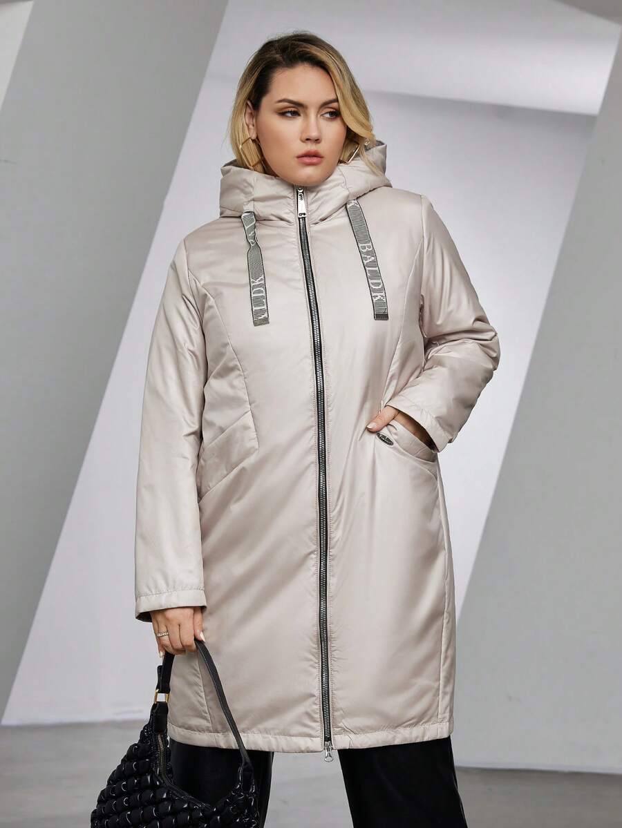 Astrid Plus Size Zip Up Tape Chi tiết Áo khoác có mũ trùm đầu - Màu be - Xem 1