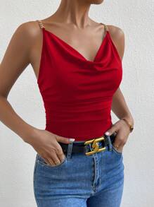 Allurite Top camisero fruncido con cuello drapeado y detalle de cadena para ropa de Año Nuevo - Rojo - Ver 6