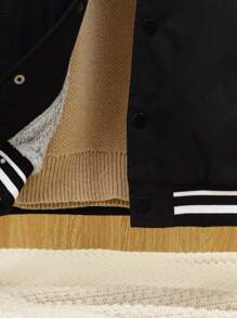 SHEIN 男大童棋盤格&字母圖案條紋飾邊加絨內裏學院風夾克 - 黑色 - 查看 13