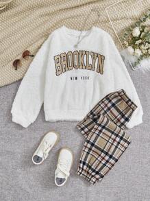 SHEIN Tween Girl Letter Embroidery Teddy Pullover & Plaid Pants - Multicolor - View 1