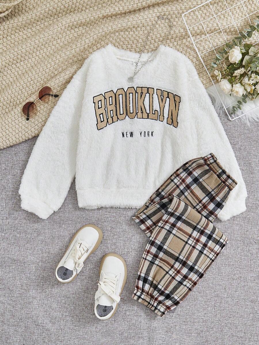 SHEIN Tween Girl Letter Embroidery Teddy Pullover & Plaid Pants - Multicolor - View 1