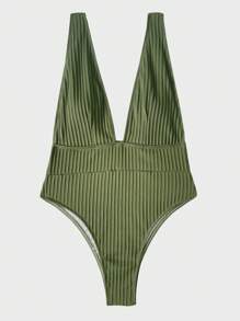 SHEIN 羅紋深V連體泳衣 - 軍綠色 - 查看 3
