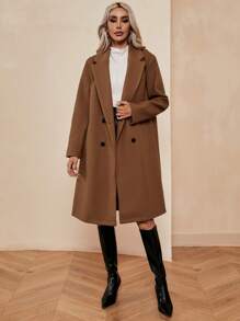 SHEIN LUNE Lapel Neck Double Breasted Belted Overcoat - Khaki - View 3