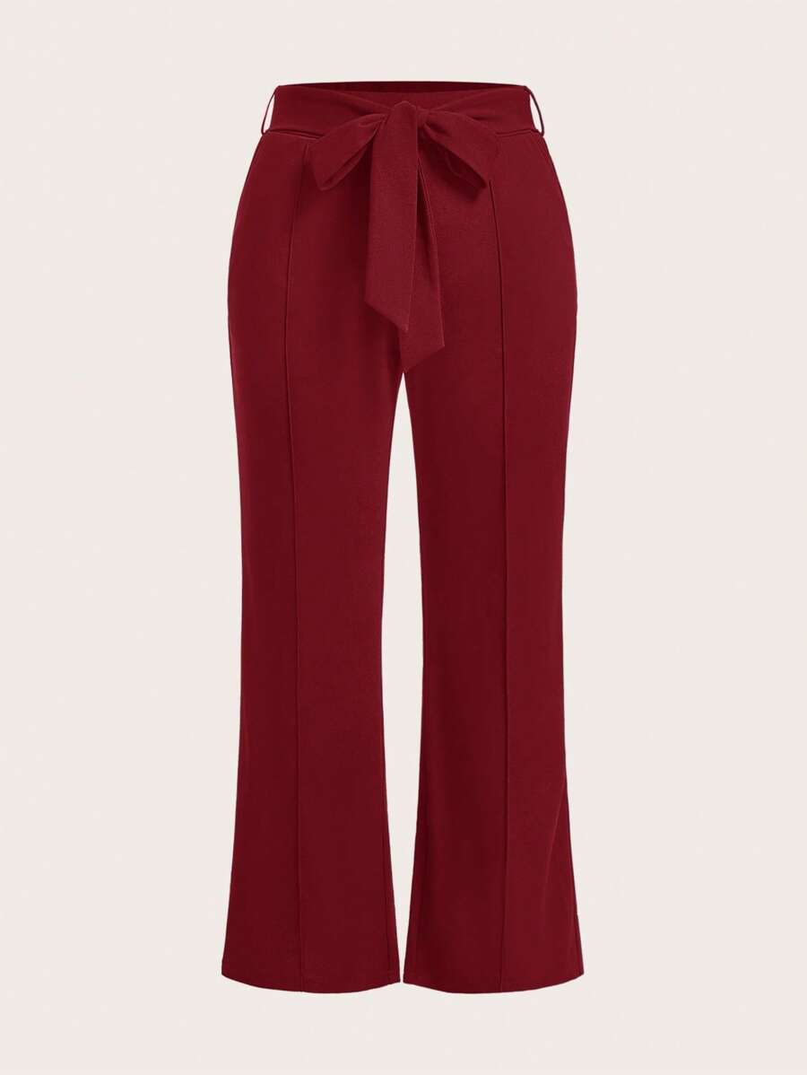 SHEIN Clasi Plus Solid Belted Flare Leg Pants - Burgundy - View 1