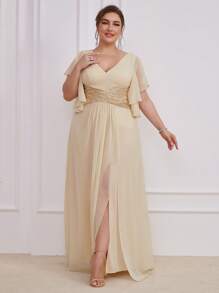 UNITHORSE Plus Butterfly Sleeve Split Thigh Chiffon Bridesmaid Dress - 米色 - 查看 5