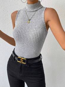 Chiquease Turtleneck Ribbed Knit Tank Top - Grey - View 1