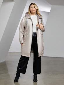 Astrid Plus Size Zip Up Tape Chi tiết Áo khoác có mũ trùm đầu - Màu be - Xem 3