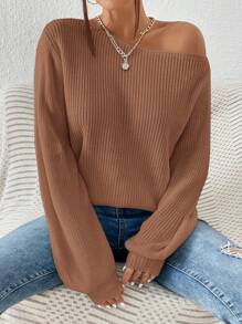 SHEIN Essnce Solid Ribbed Knit Sweater - Brown - View 1