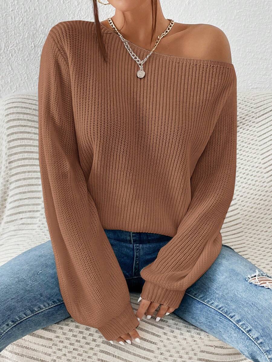 SHEIN Essnce Solid Ribbed Knit Sweater - Brown - View 1
