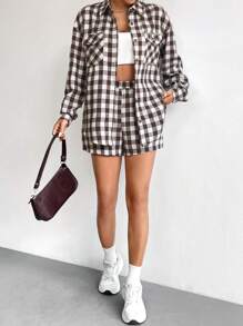 Flirla Gingham Print Blouse & Shorts - Brown - View 5