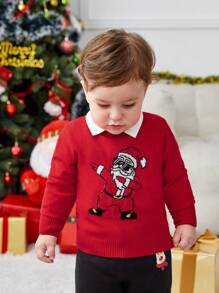 SHEIN Baby Boy Christmas Santa Claus Print Sweater Without Shirt - Red - View 4