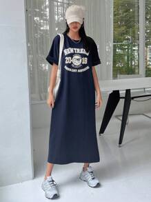 DAZY 字母图案落肩 T 恤连衣裙太阳裙 - 藏蓝色 - 查看 1