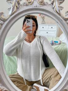 SHEIN Unity Pull tricoté côtelé unicolore, pull-over tricoté pour l'automne et l'hiver - Blanc - Voir 8