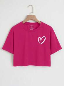 INAWLY Heart Print Crop Tee Graphic Tees Women Tops