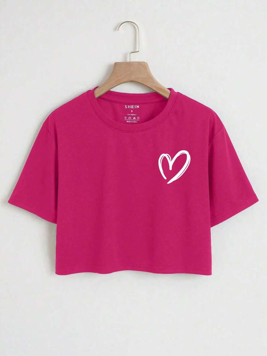 INAWLY Heart Print Crop Tee Graphic Tees Women Tops