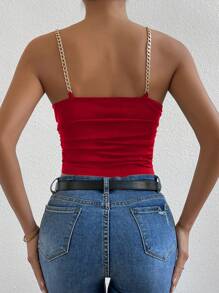 Allurite Top camisero fruncido con cuello drapeado y detalle de cadena para ropa de Año Nuevo - Rojo - Ver 2