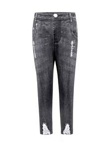 SHEIN Young Girl Casual Ripped Digital Print Long Pants Suitable For Autumn Outings. - Black - View 4