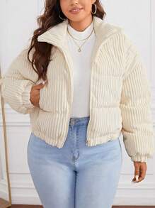 SHEIN Essnce Plus Drop Shoulder Zipper Corduroy Padded Coat, For Winter Fall Autumn