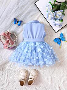 Bebé niña Vestido con mariposa aplique bajo con malla - Azul - Ver 2