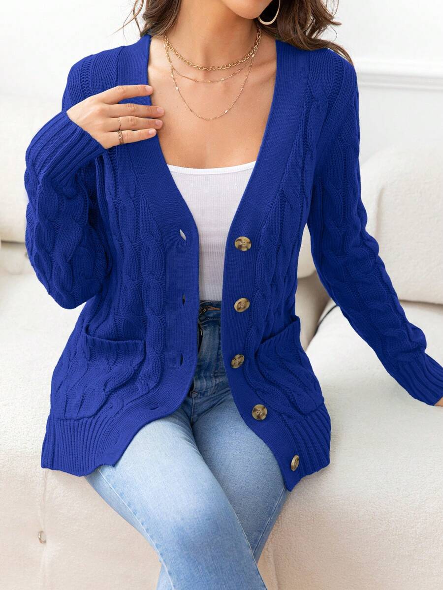 DEARCASE Áo len đan nút phía trước bằng dây cáp - Màu xanh lam - Xem 1