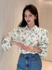 DAZY In hoa Tay áo lồng đèn Nút phía trước Áo sơ mi - Màu be - Xem 3