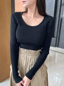 DAZY Chất rắn Scoop Cổ Áo len - màu đen - Xem 8