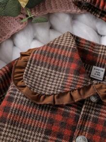 女嬰格紋印花彼得潘領翻蓋口袋褶邊外套&帽 - 彩色 - 查看 4