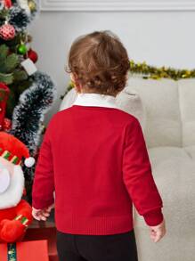 SHEIN Baby Boy Christmas Santa Claus Print Sweater Without Shirt - Red - View 2