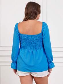 RueChic Plus Kwadratowy Dekolt Rozkloszowany Rękaw Bluzka w stylu Peplum - Niebieski - Zobacz 2
