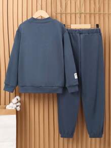 SHEIN Tween Boy Letter Patched Thermal Lined Pullover & Sweatpants - Dusty Blue - View 2