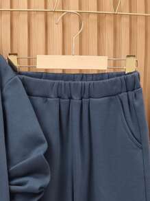 SHEIN Tween Boy Letter Patched Thermal Lined Pullover & Sweatpants - Dusty Blue - View 5