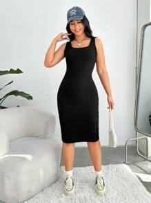 SHEIN EZwear Plus Size Sleeveless Solid Color Bodycon Dress, Summer