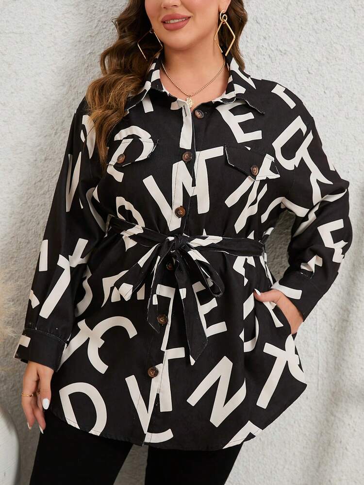 Plus Letter Graphic Belted Coat