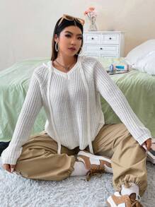 SHEIN Unity Pull tricoté côtelé unicolore, pull-over tricoté pour l'automne et l'hiver - Blanc - Voir 7
