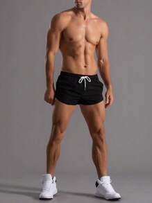 Coreblaze Boyfriend Style Men Drawstring Waist Sports Gym Black Shorts, Lightweight - Black - View 3